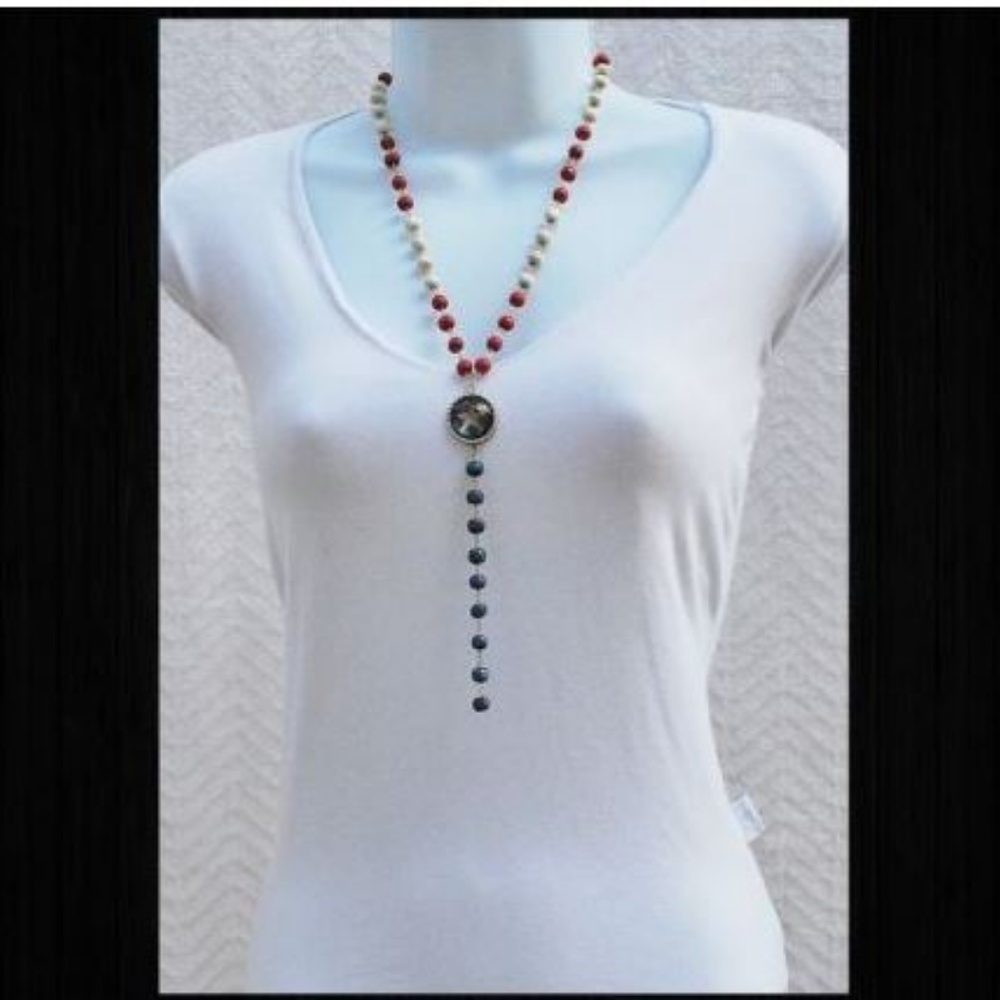Puerto Rico Flag Necklace Silver with Wood Beads Y